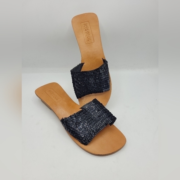 Mystique Black Sequined Leather Slides Sandals Block Heels Size 9 - Picture 9 of 16